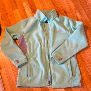 The North Face fleece zip up jacket. Teal with gray accent.